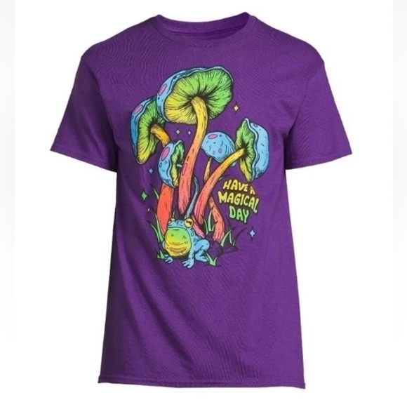 "HAVE A MAGICAL DAY" MAGIC-MUSHROOM & PSYCHEDELIC FROG PURPLE T-SHIRT  Sz L - Picture 1 of 5